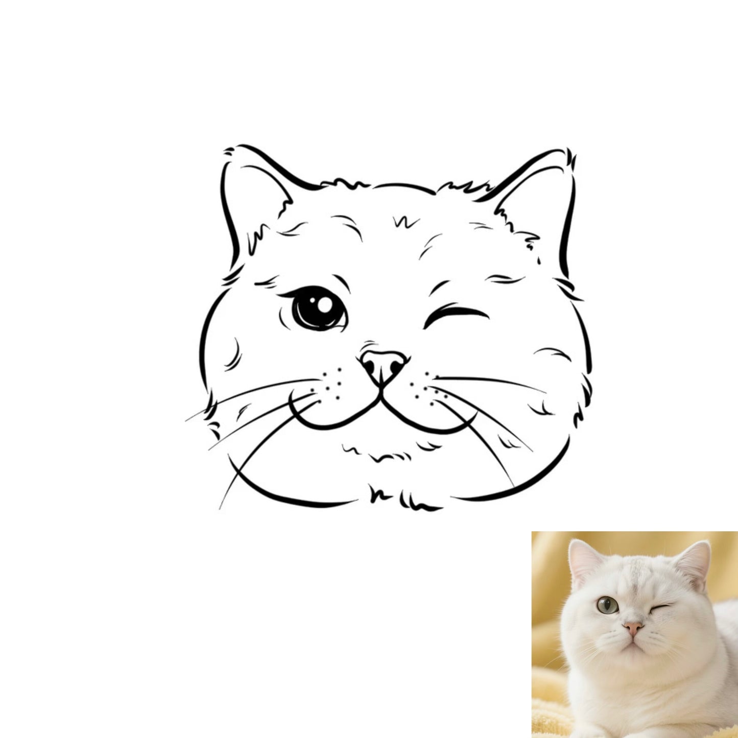 A cat photo is transformed into a hand-painted minimalist line art pet portrait.