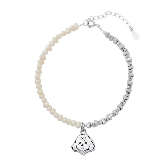 Custom Dog Pearl Pet Face Bracelet with Hand-Engraved Portrait - Sterling Silver Pet Memorial Jewelry