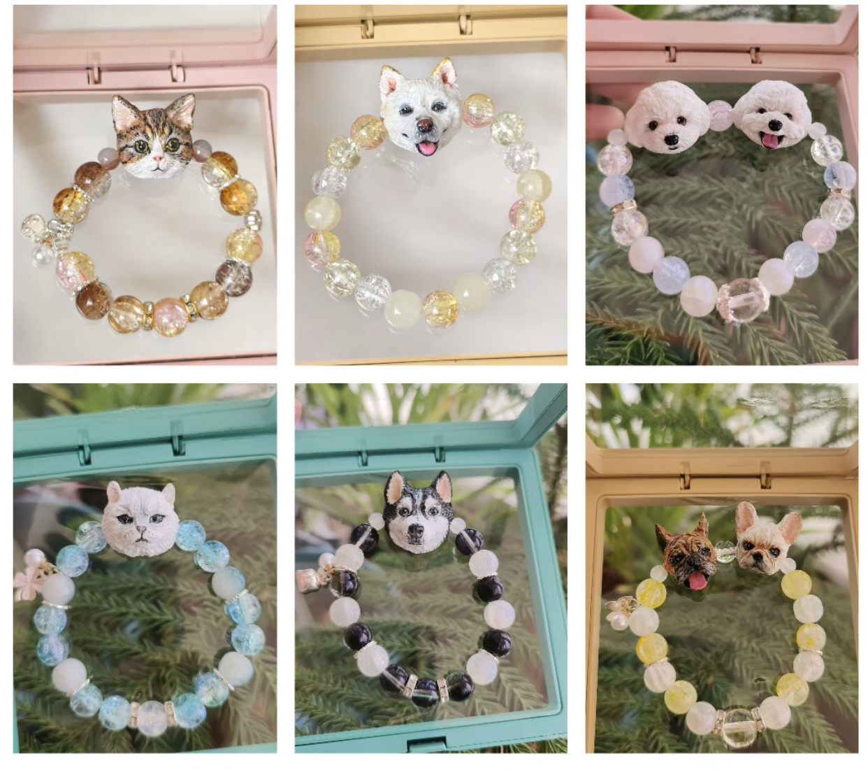 Close-up on our  Beaded Stone Pet Face Clay Bracelet Collection