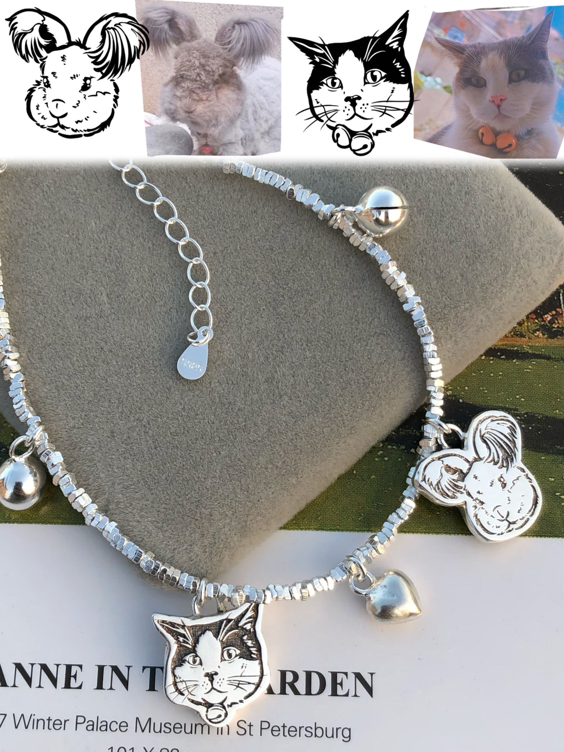 Close-up of the Two Pendants and the Heart Pendant on our  Crushed Silver Pet Face Bracelet and the transform from pet photos.