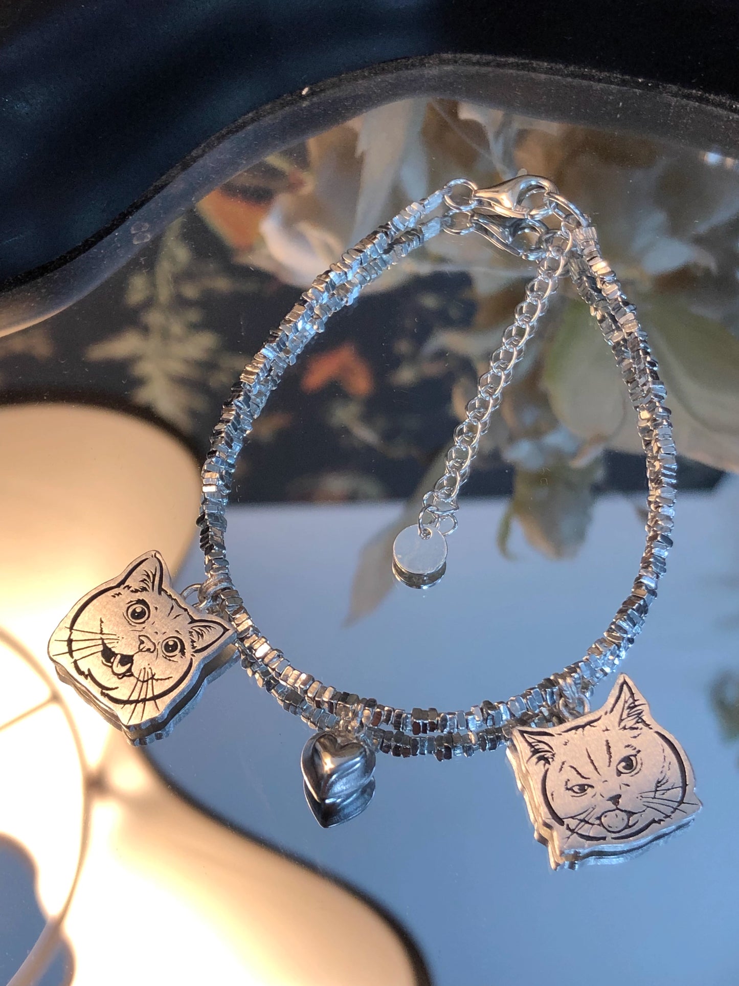 Close-up of the Two Pendants and the Heart Pendant on our Cat Crushed Silver Pet Face Bracelet