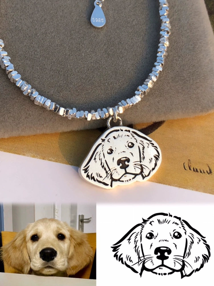 Close-up on our Dog Crushed Silver Pet Face Bracelet and the transform from photo