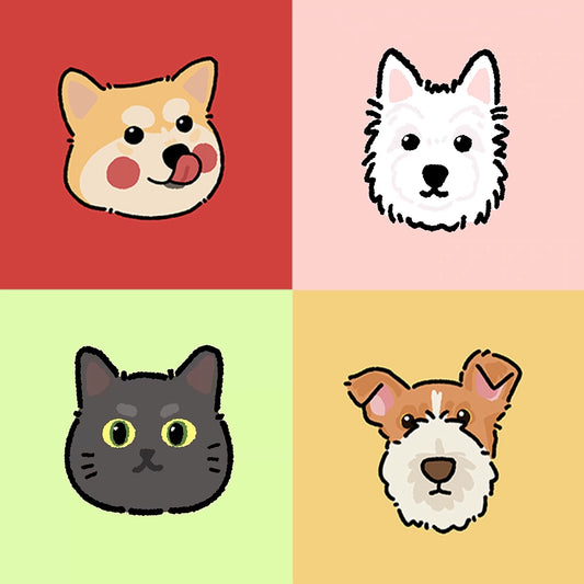 A collection of four cute chibi style pet portraits.