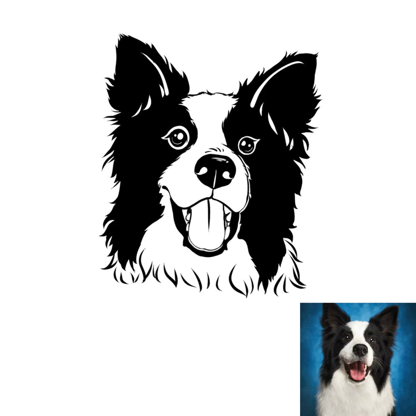 A dog photo is transformed into a hand-painted minimalist line art dog portrait.