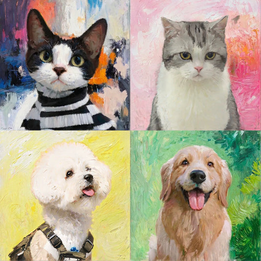 A collection of four oil painting style pet portraits.