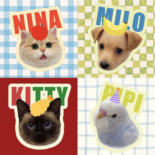 A collection of four hand-painted watercolor pet portraits.