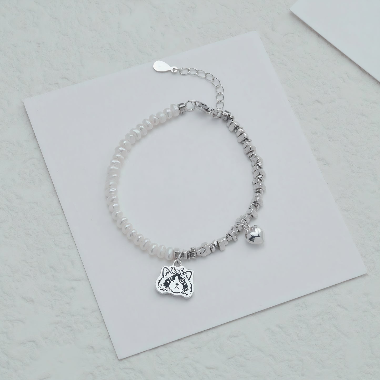 Custom Cat Pearl Pet Face Bracelet with Hand-Engraved Portrait and Heart Pendan - Sterling Silver Pet Memorial Jewelry