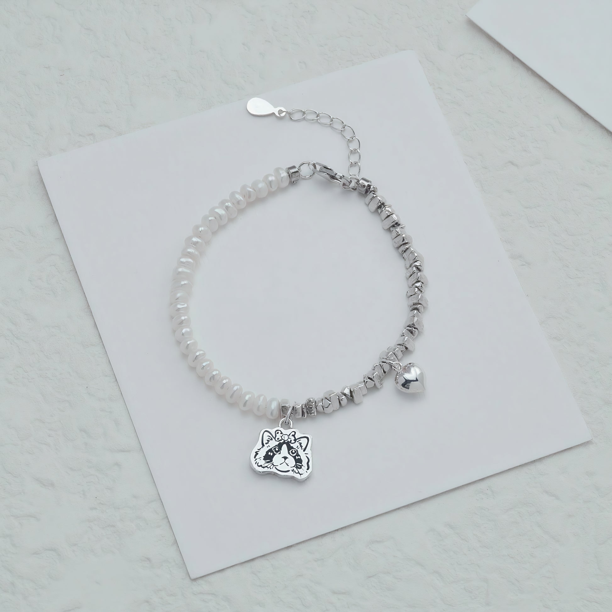 Custom Cat Pearl Pet Face Bracelet with Hand-Engraved Portrait and Heart Pendan - Sterling Silver Pet Memorial Jewelry