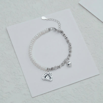 Custom Cat Pearl Pet Face Bracelet with Hand-Engraved Portrait and Heart Pendan - Sterling Silver Pet Memorial Jewelry